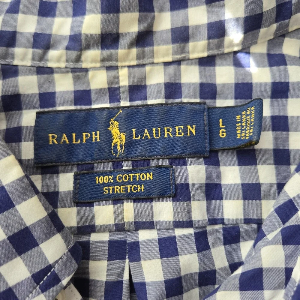 Polo Ralph Lauren Blue Gingham Check Men Size L 100% Cotton Stretch‎ Button Down